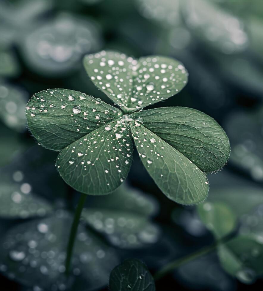 Close-Up of Dew-Kissed Four-Leaf Clover in a Lush Green Field at Dawn photo