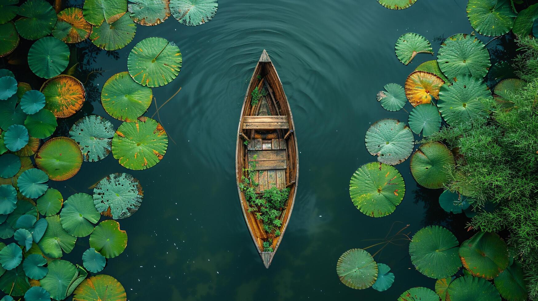 A high-definition aerial view of a wooden boat floating amidst green lily pads on a calm body of water, surrounded by lush vegetation. photo
