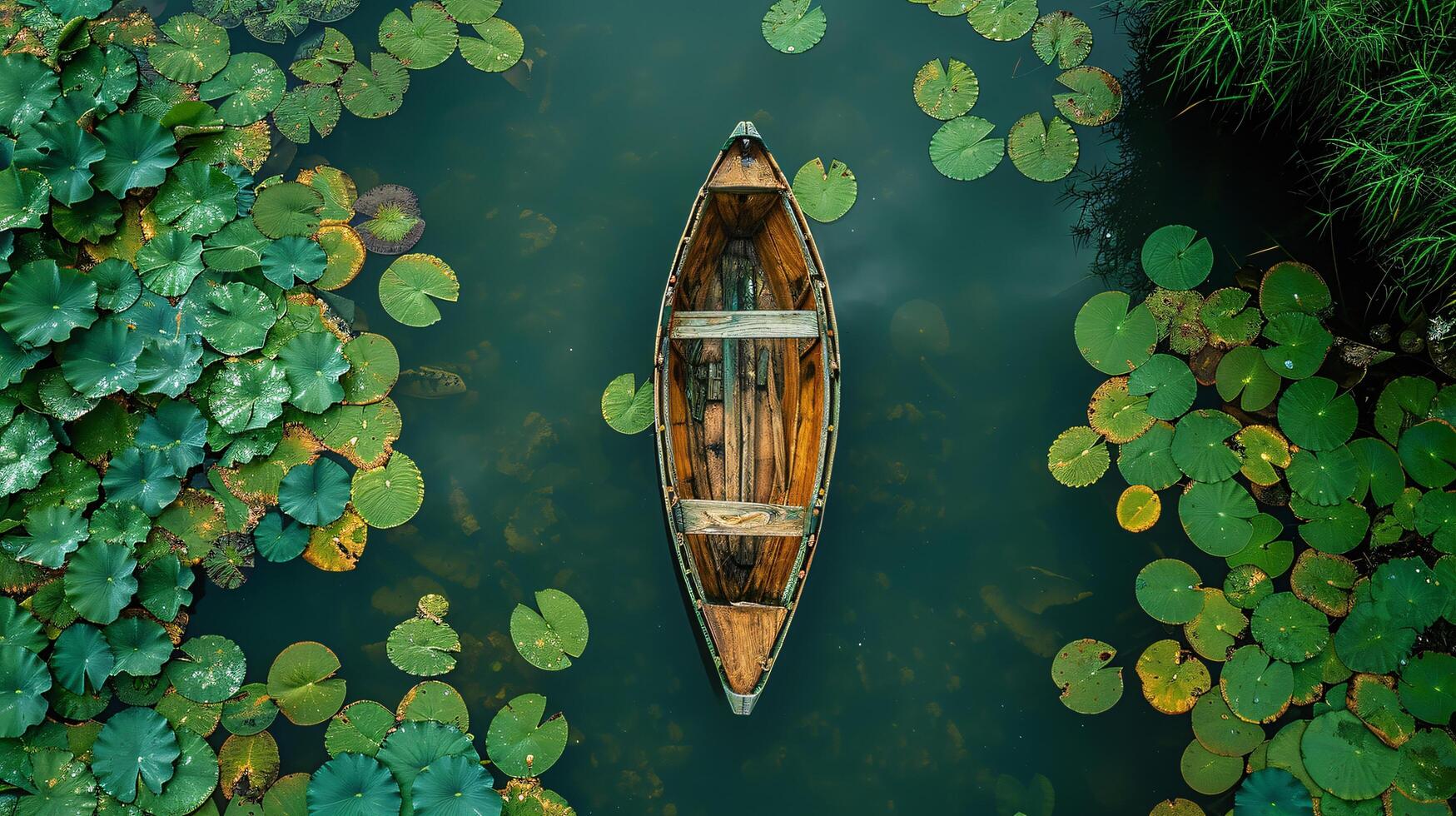 A high-definition aerial view of a wooden boat floating amidst green lily pads on a calm body of water, surrounded by lush vegetation. photo