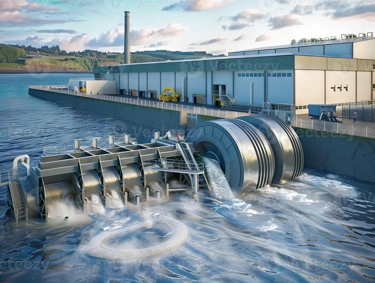 Hydroelectric dam generating clean energy with water turbines. photo