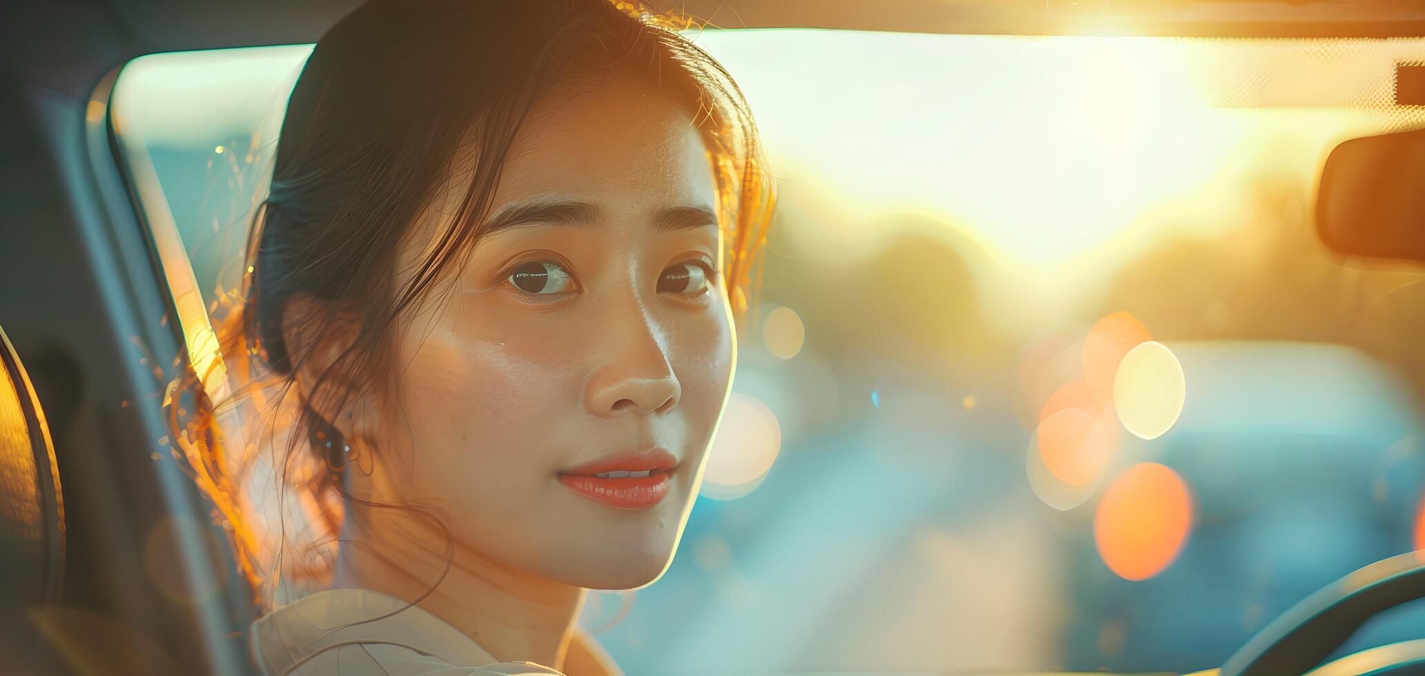 Asian Woman Driving Her Car During Sunset With Lens Flare Effect photo