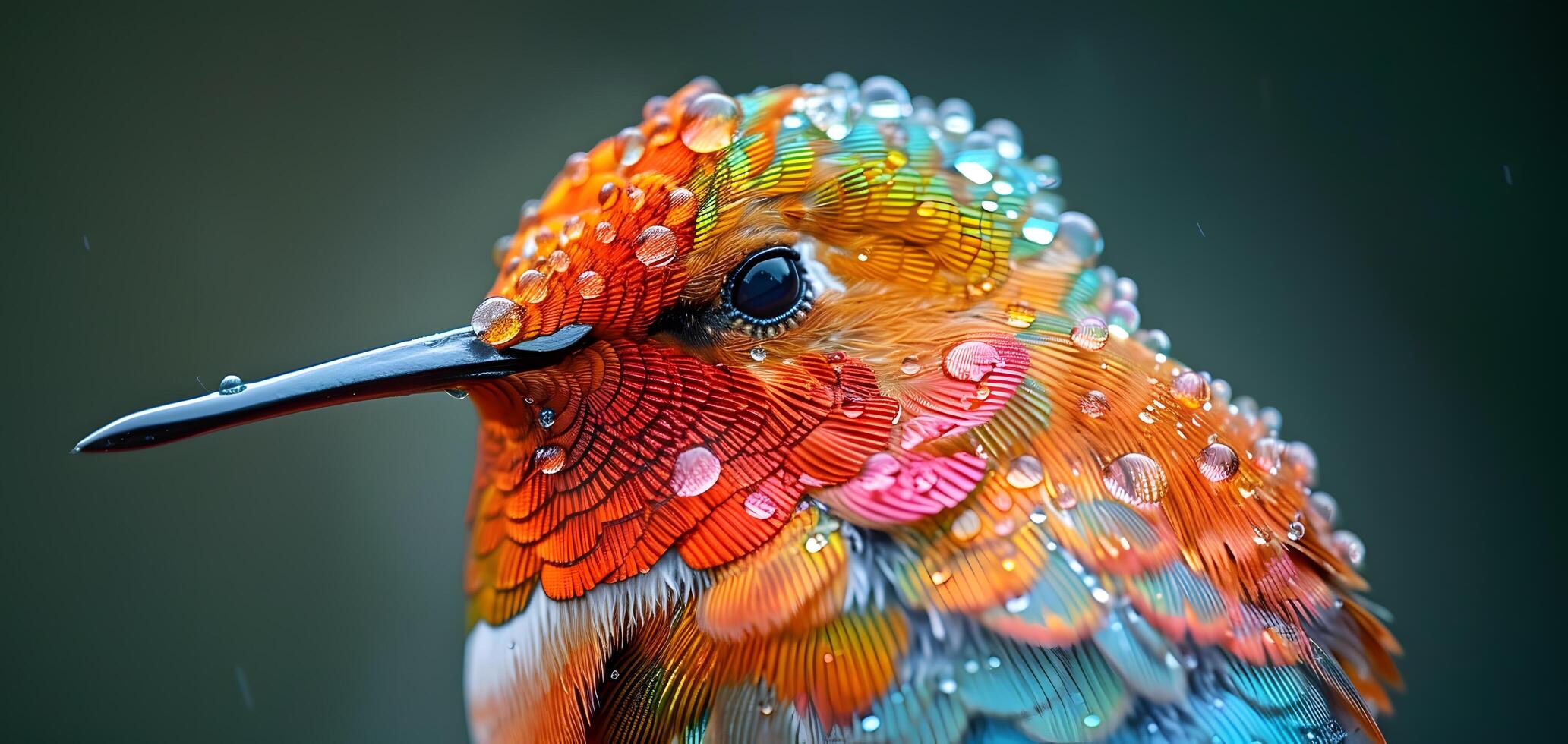 Hyperrealistic Photograph of Colorful Hummingbird With Water Droplets On Feathers photo