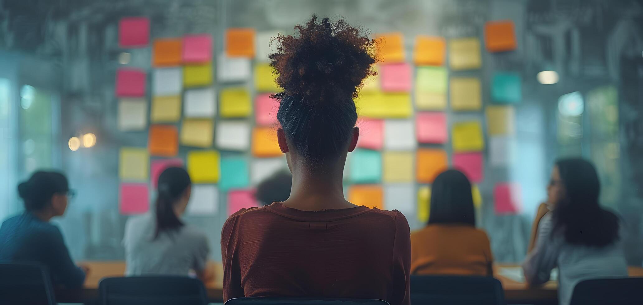 Young Team of Colleagues in a Brainstorming Session with Colorful Sticky Notes photo