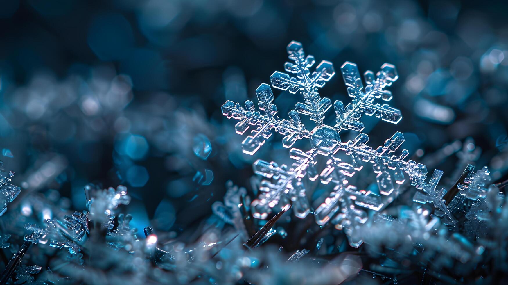 Extreme Macro Shot Of A Snowflake On Dark Background Displaying Intricate Crystal Details photo