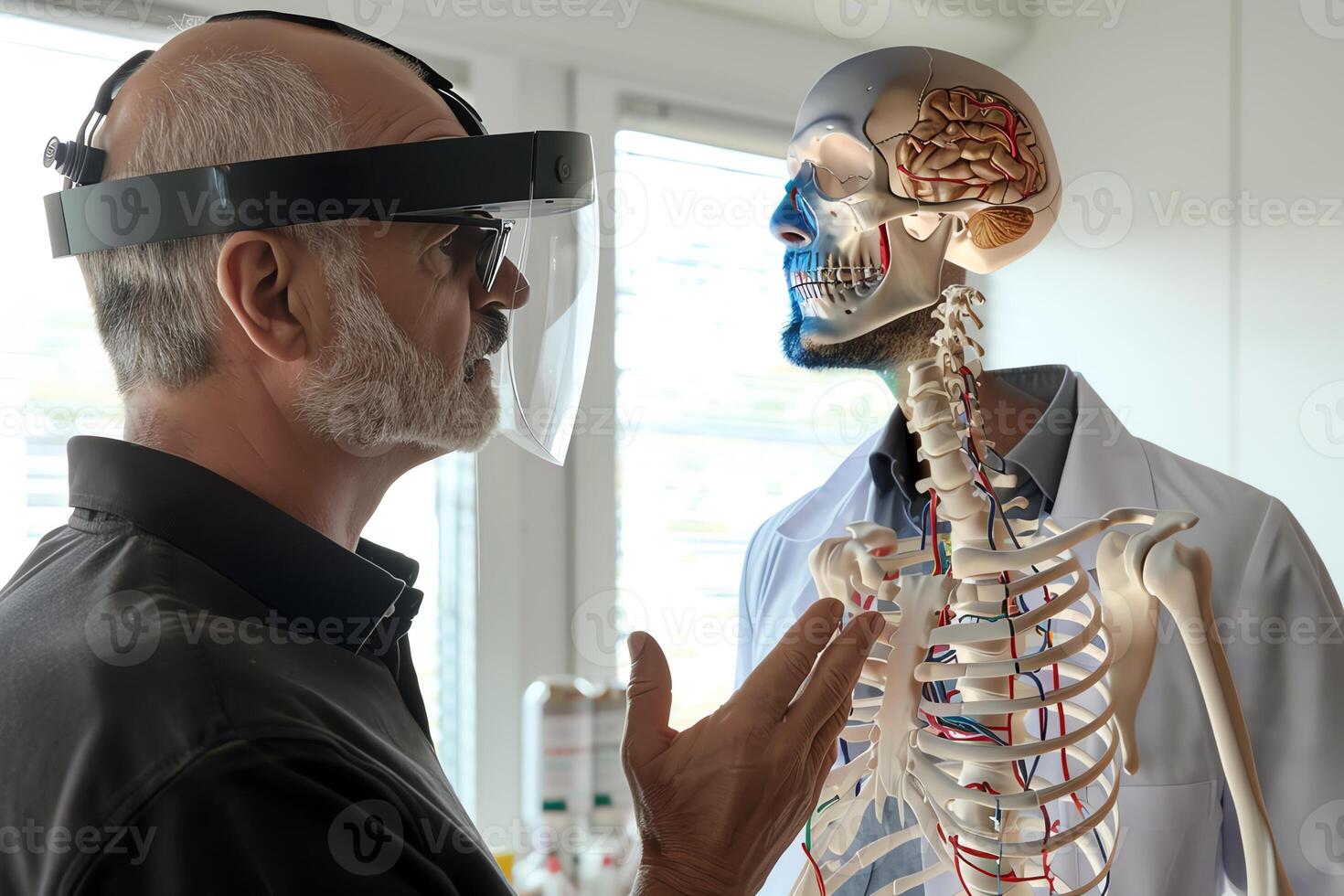 Professor explaining human anatomy with a skeleton model. photo