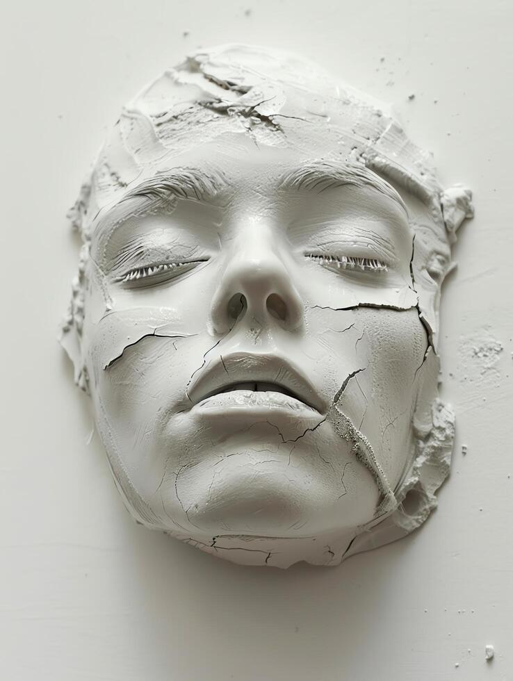 Close-up of a white plaster sculpture of a woman's face with cracks. photo