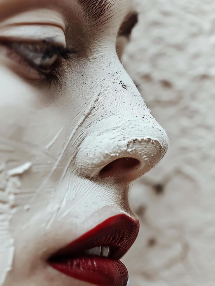 Close-up of a woman's face with white paint and red lipstick. photo