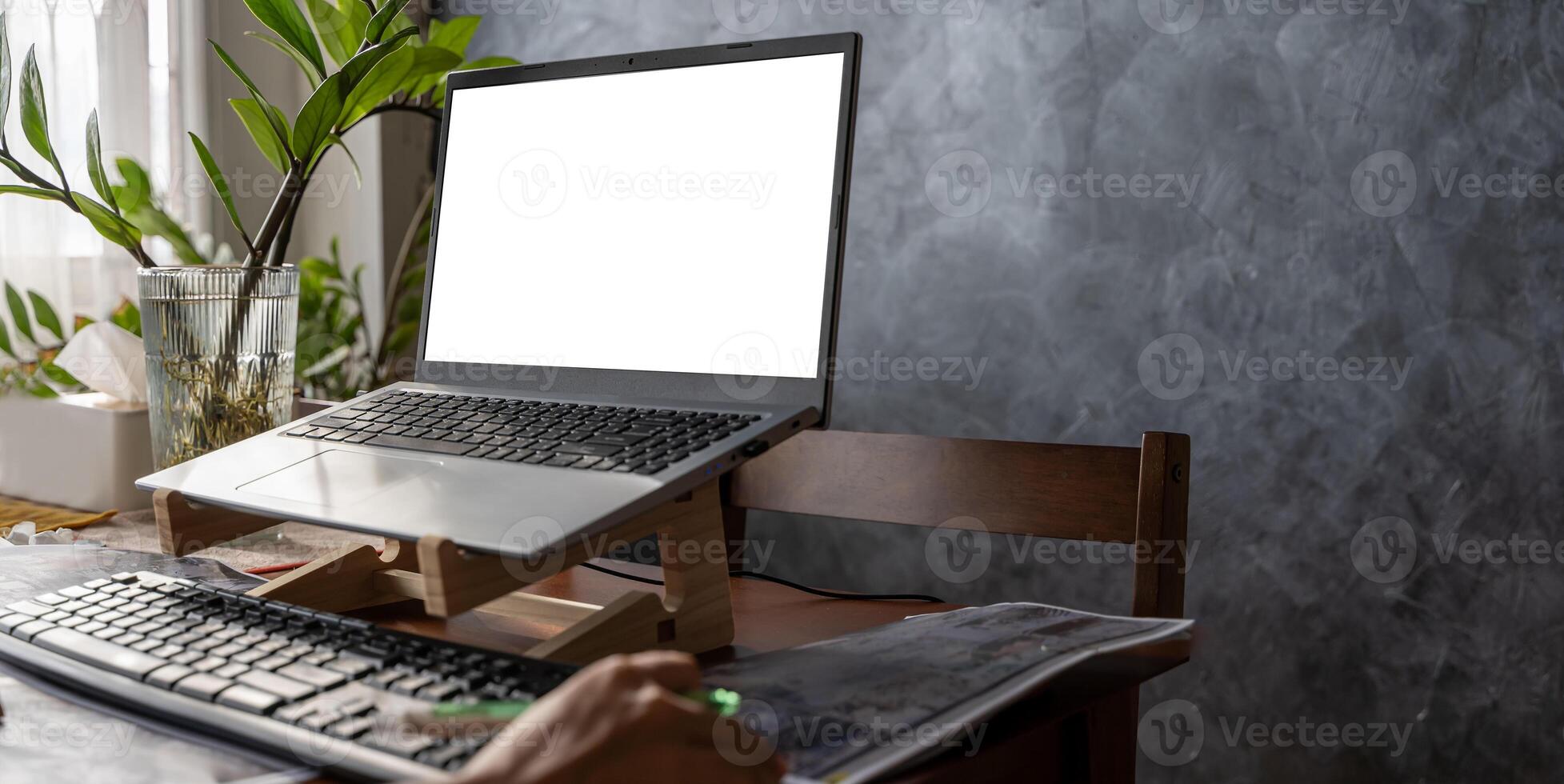 Computer mockup blank screenshot with white background for advertising, woman hands working using laptop contact business search information on table at home. photo