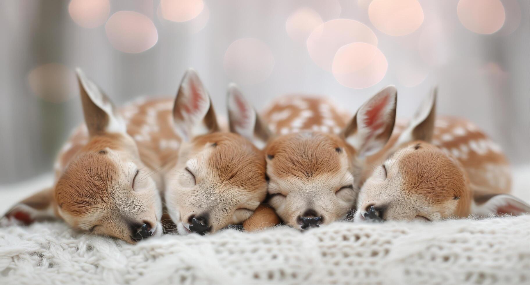 Four Sleeping Fawns Nestled Together in Soft Blanket With Blurry Lights Background photo