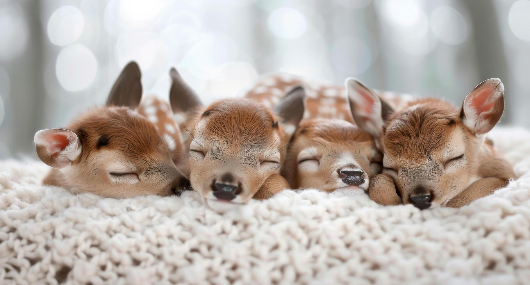 Four Sleeping Fawns Nestled Together in Soft Blanket With Blurry Lights Background photo
