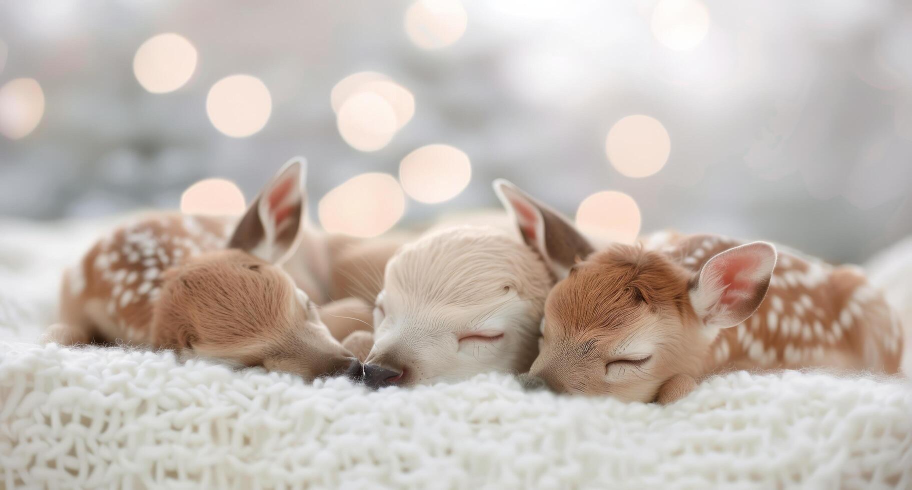 Four Sleeping Fawns Nestled Together in Soft Blanket With Blurry Lights Background photo