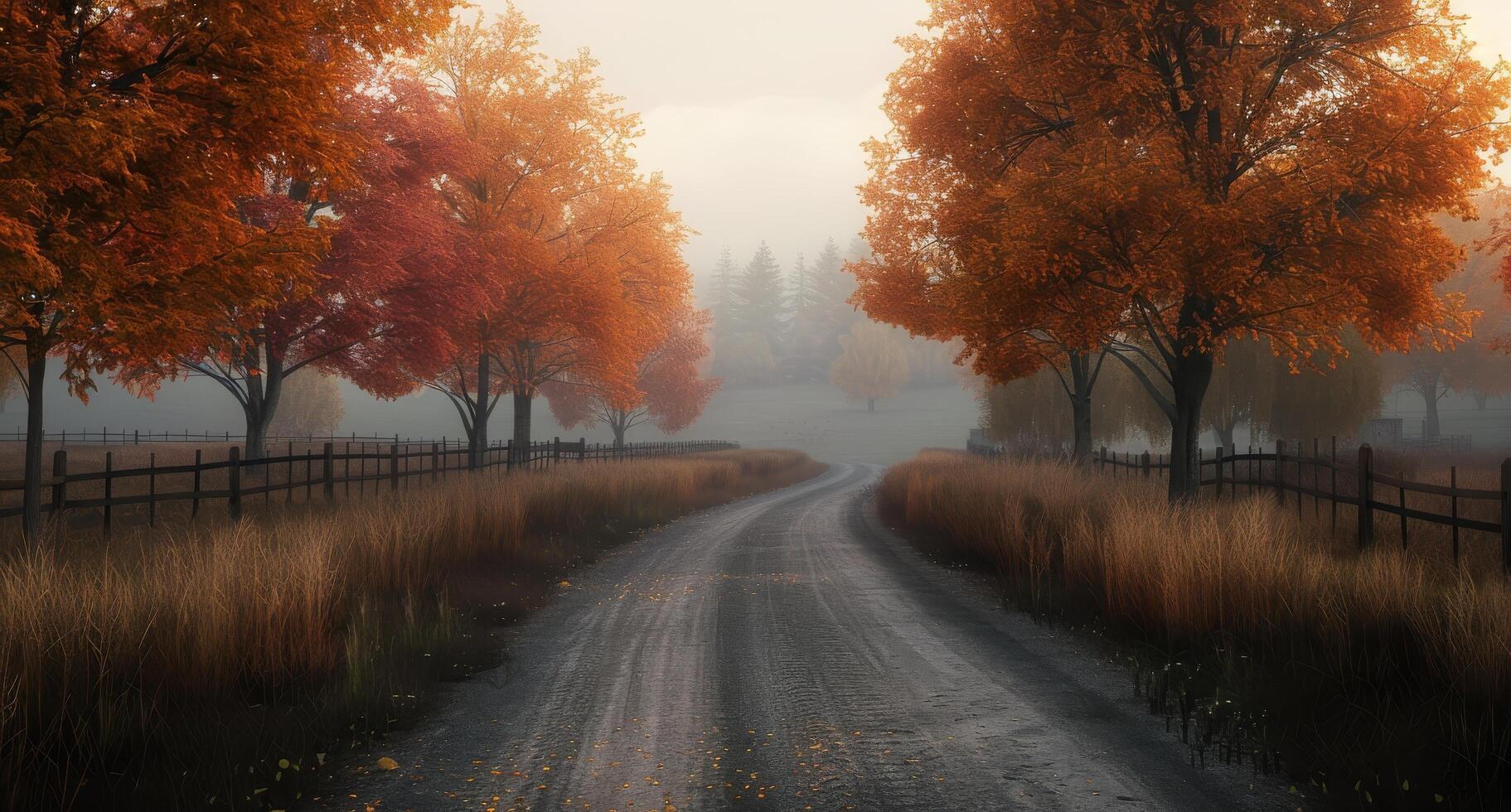 Autumn Pathway Lined With Colorful Trees in Misty Morning Light photo