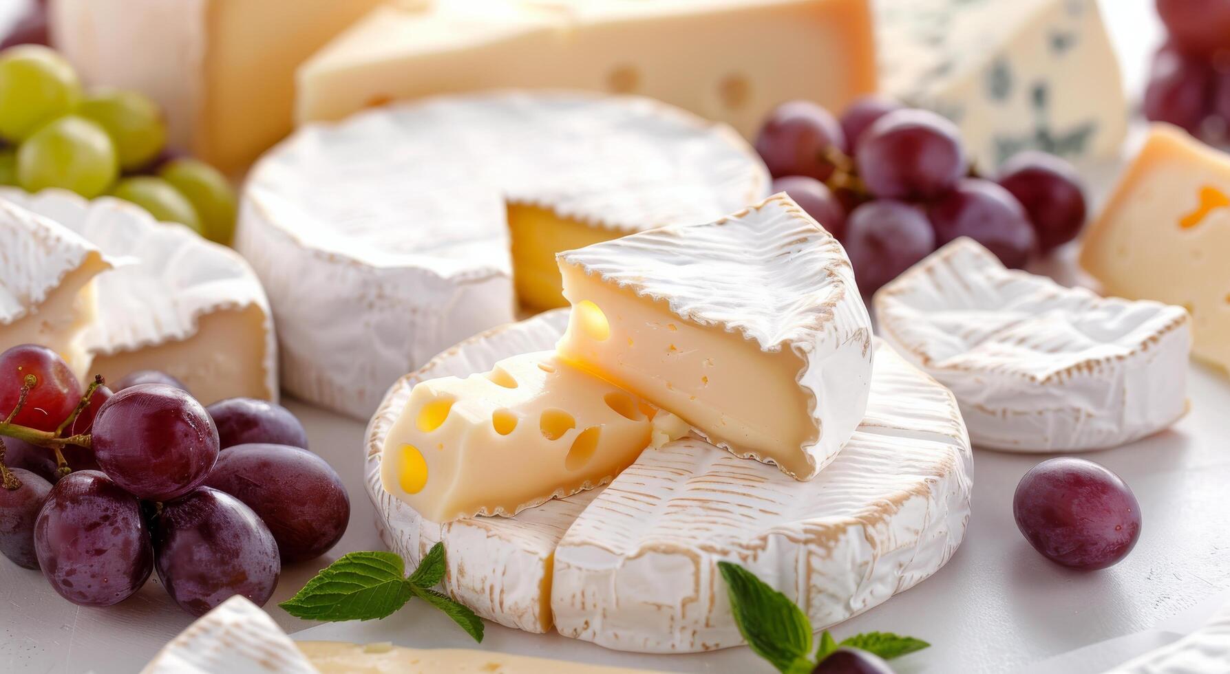 Gourmet Cheese Selection With Grapes and Fresh Mint on White Background photo