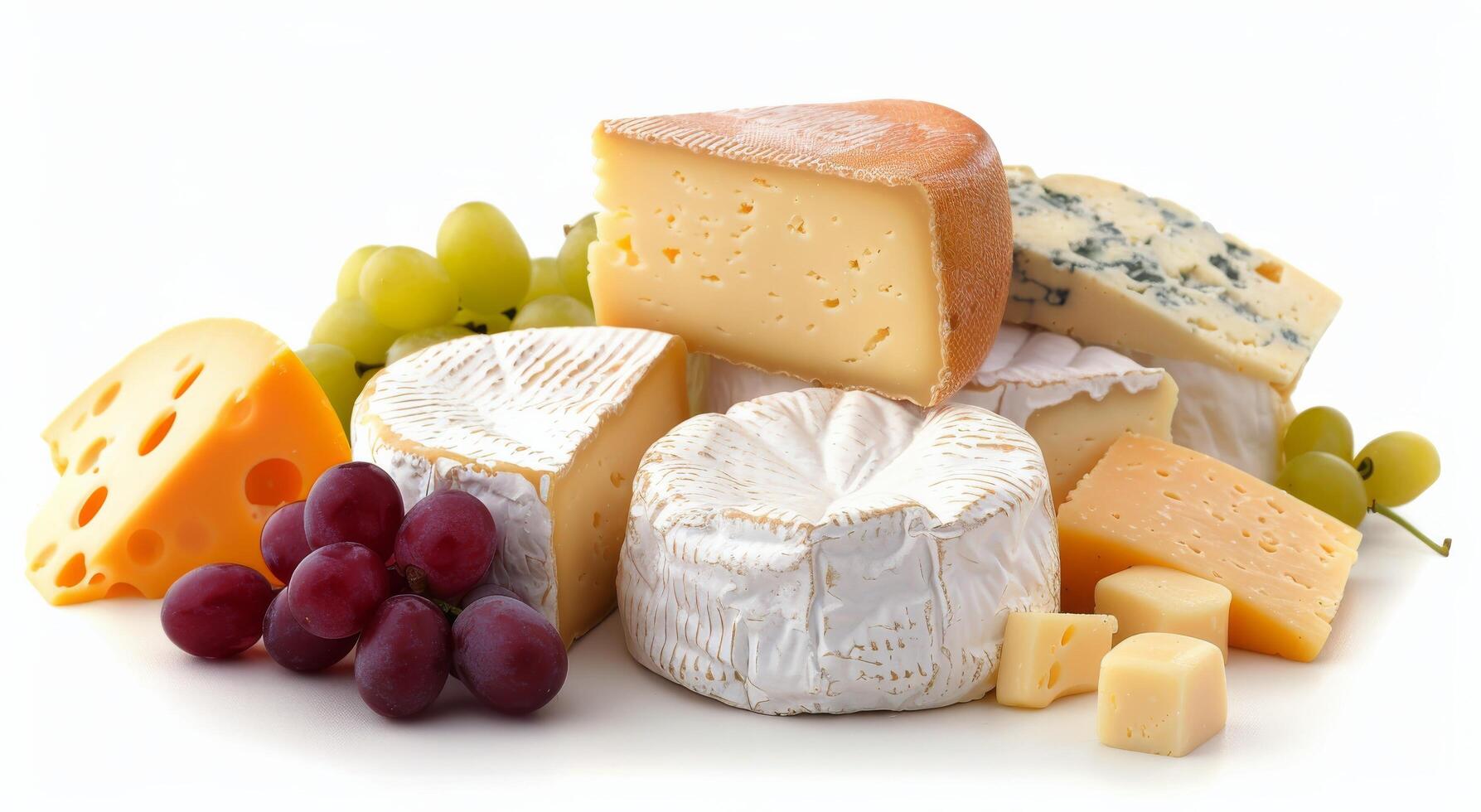 Gourmet Cheese Selection With Grapes and Fresh Mint on White Background photo