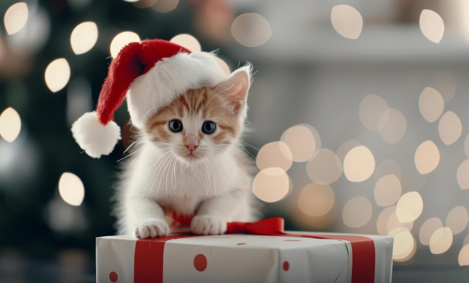 Playful Kitten Wearing Santa Hat Sitting on Christmas Gift in Cozy Living Room photo