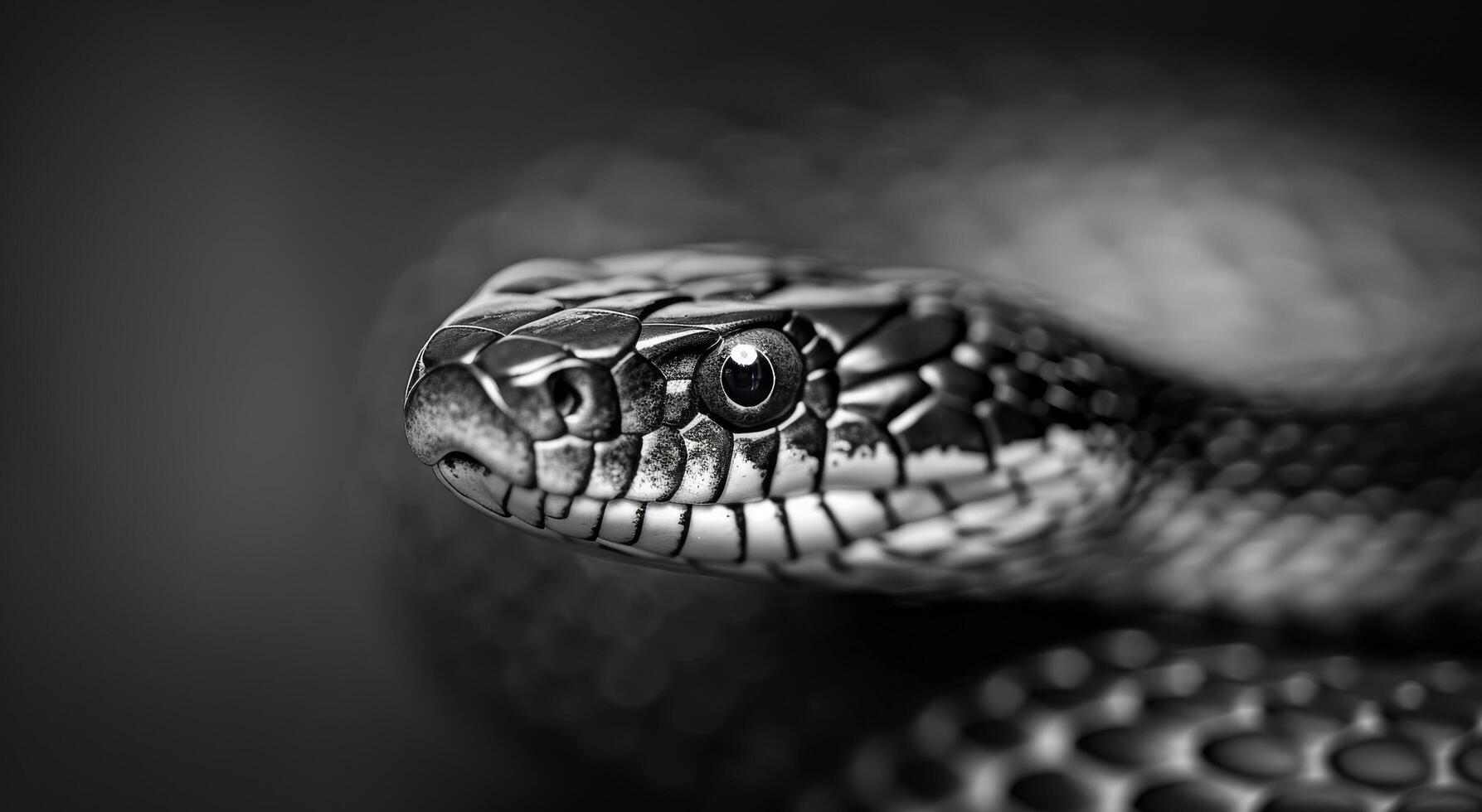Close-Up View of a Snake's Head With Detailed Scales in Monochrome photo