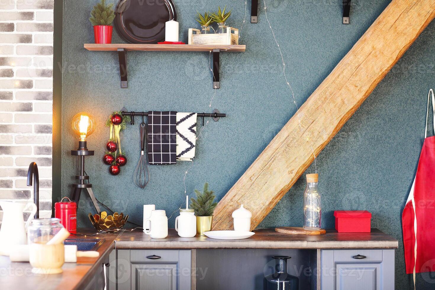 Kitchen decorated for Christmas celebration photo