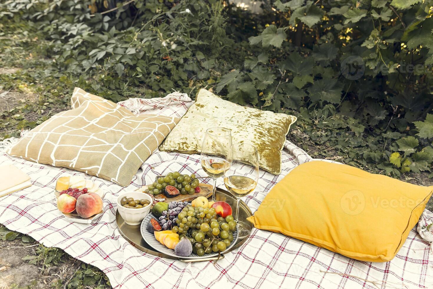 Fresh fruits and wine on picnic blanket photo