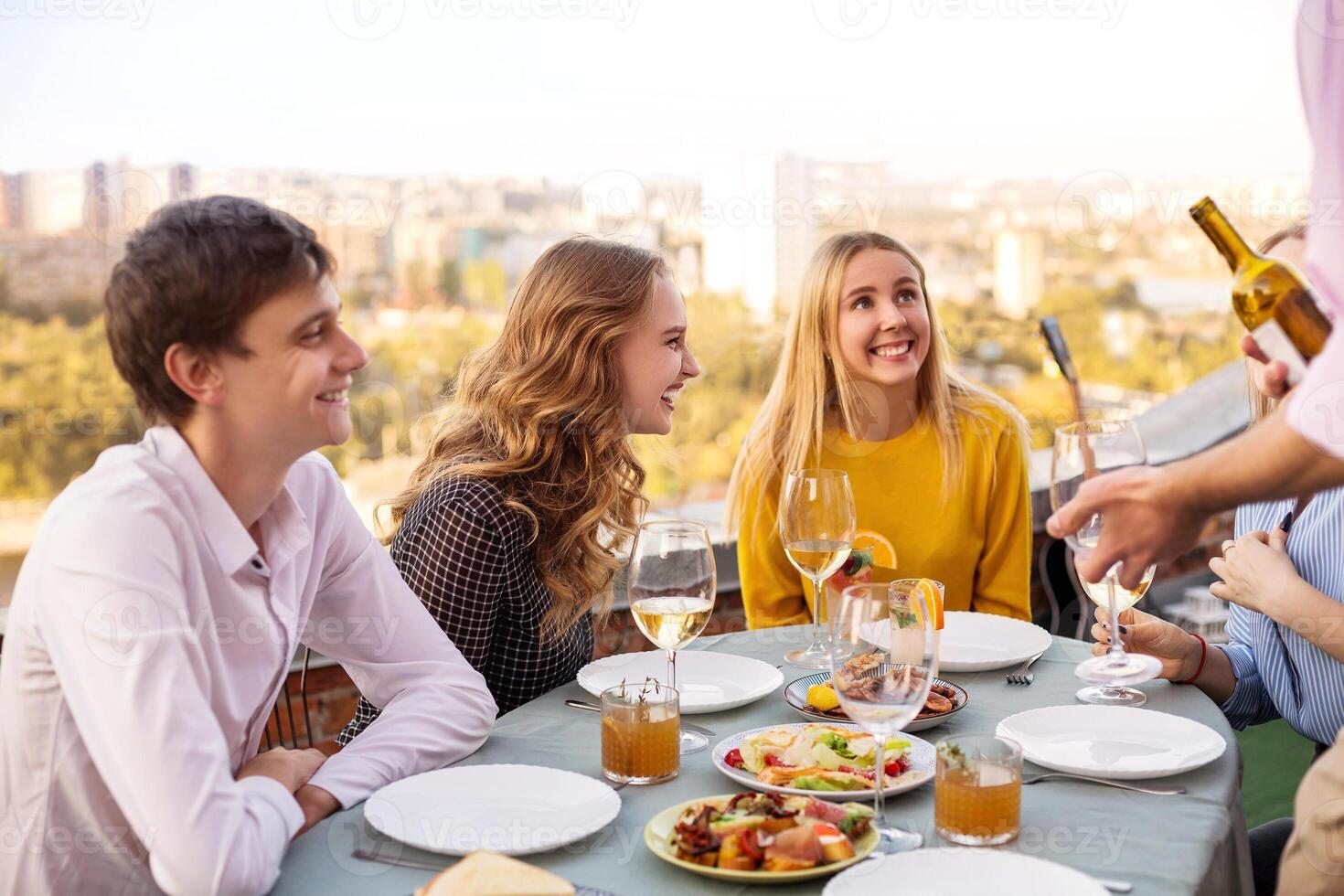 Cheerful friends drinking white wine during roof party photo