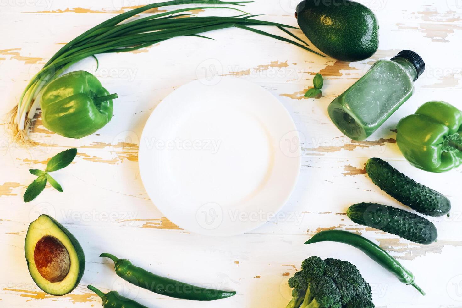 Various healthy food on wooden table photo