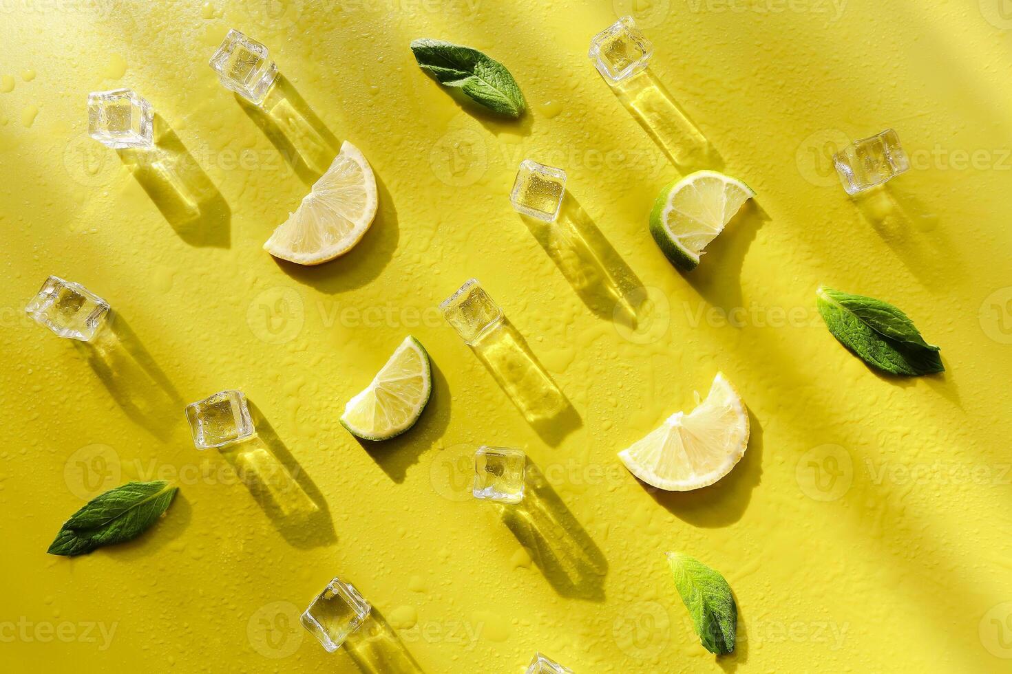 Mint leaves and ice cubes on table photo