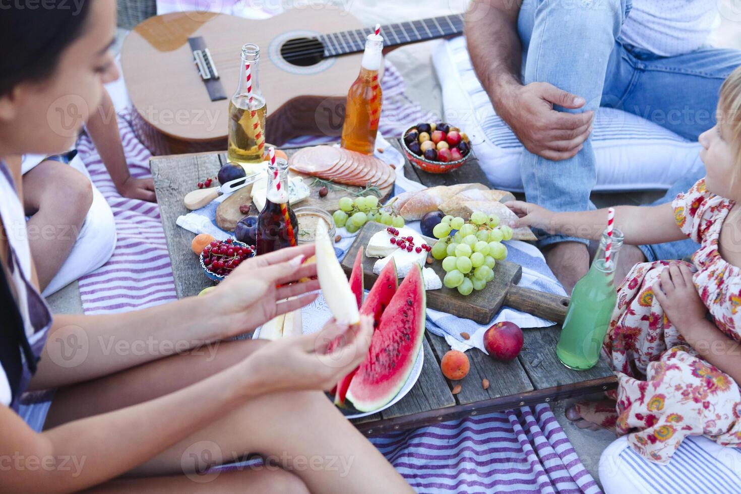 Family having picnic on beach photo