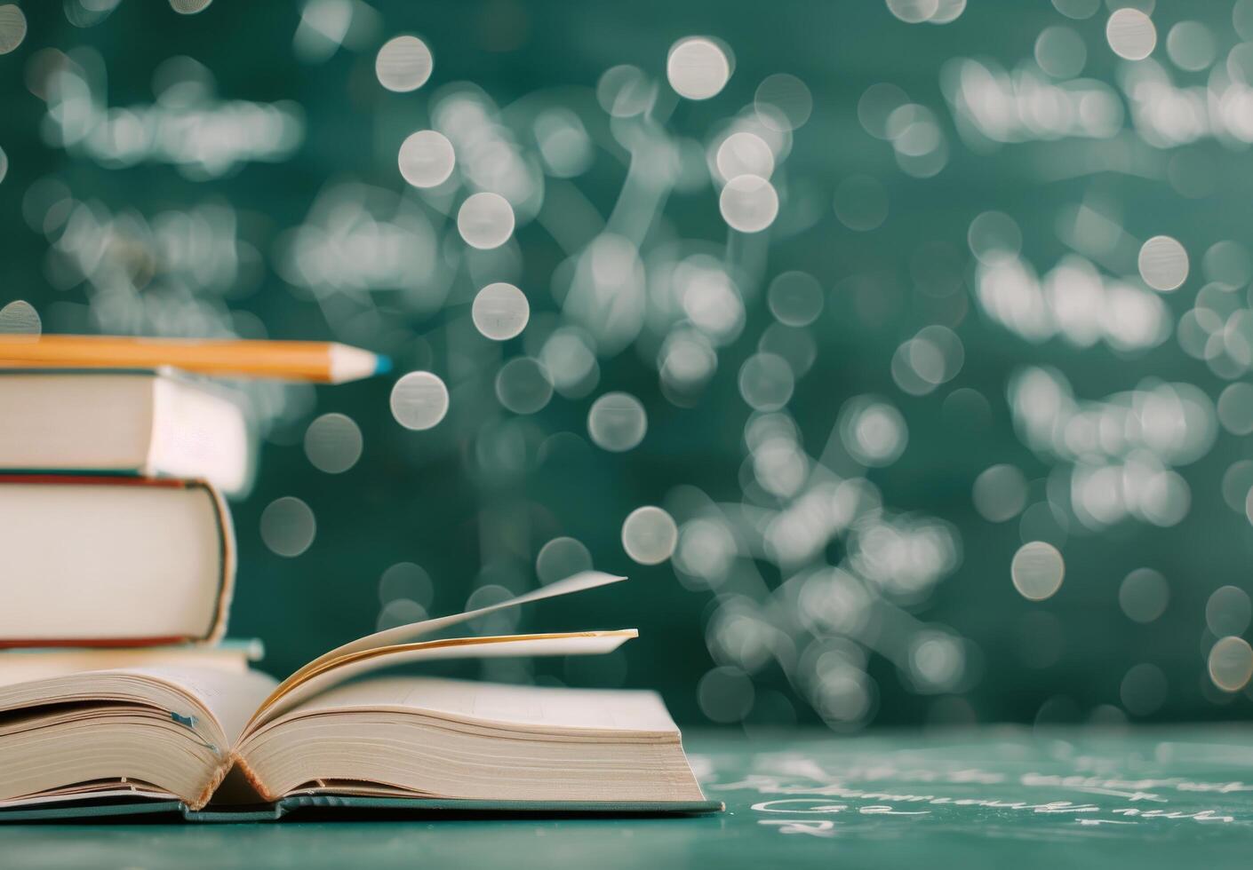 Open Book On Stack Of Textbooks With Chalkboard Background And Blurred Lights photo