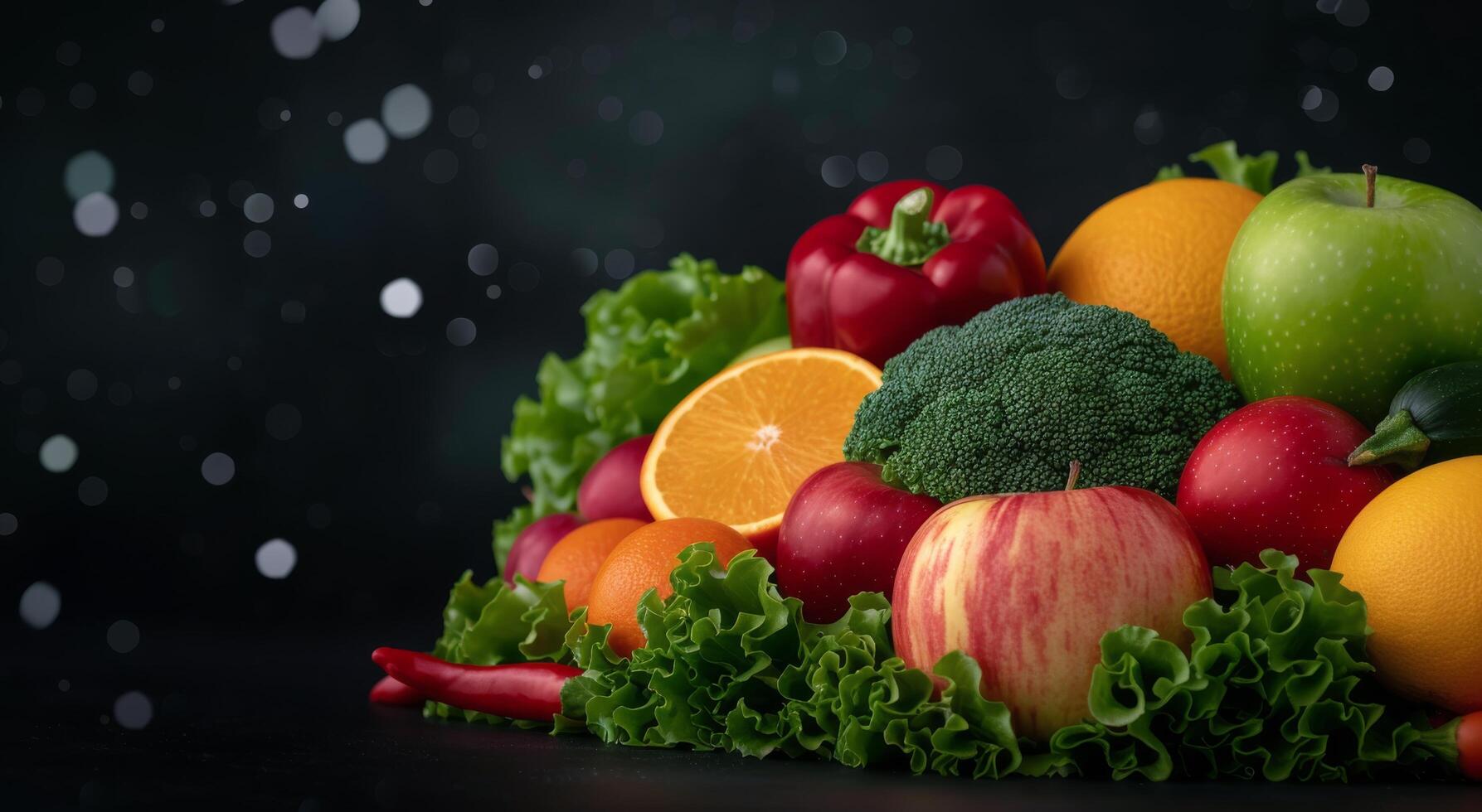 Fresh Produce Arrangement With Broccoli, Apples, and Citrus Fruits on Dark Background photo