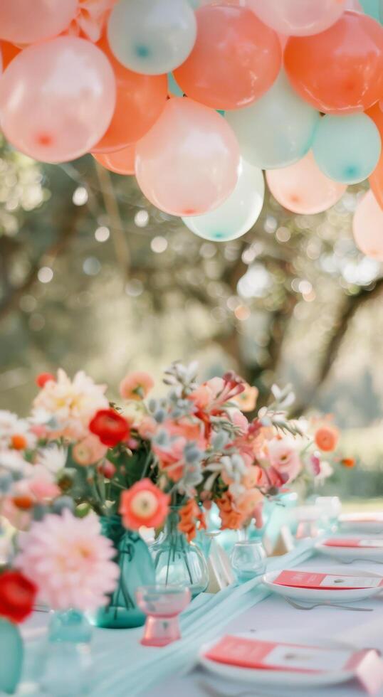 Elegant Floral Centerpieces at Outdoor Celebration With Balloons photo