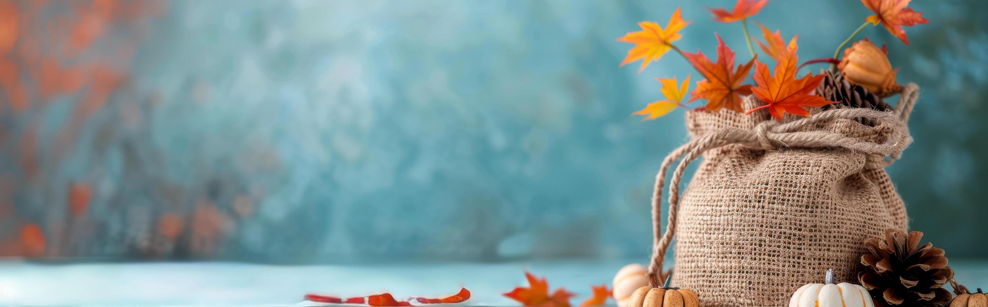 Fall Decor With Burlap Sack And Autumn Leaves photo