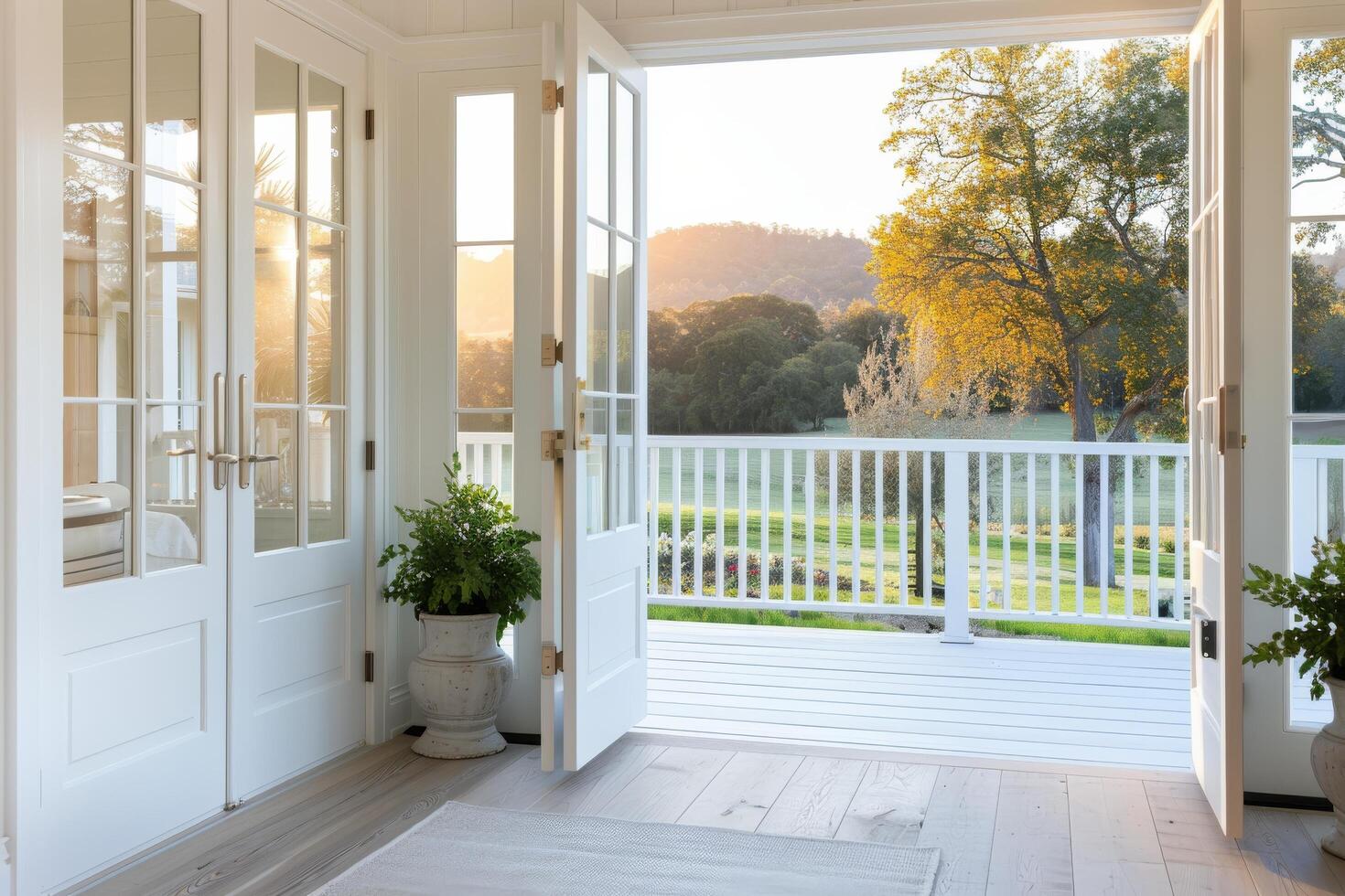 Open French Doors With Flowers And Sunset View photo