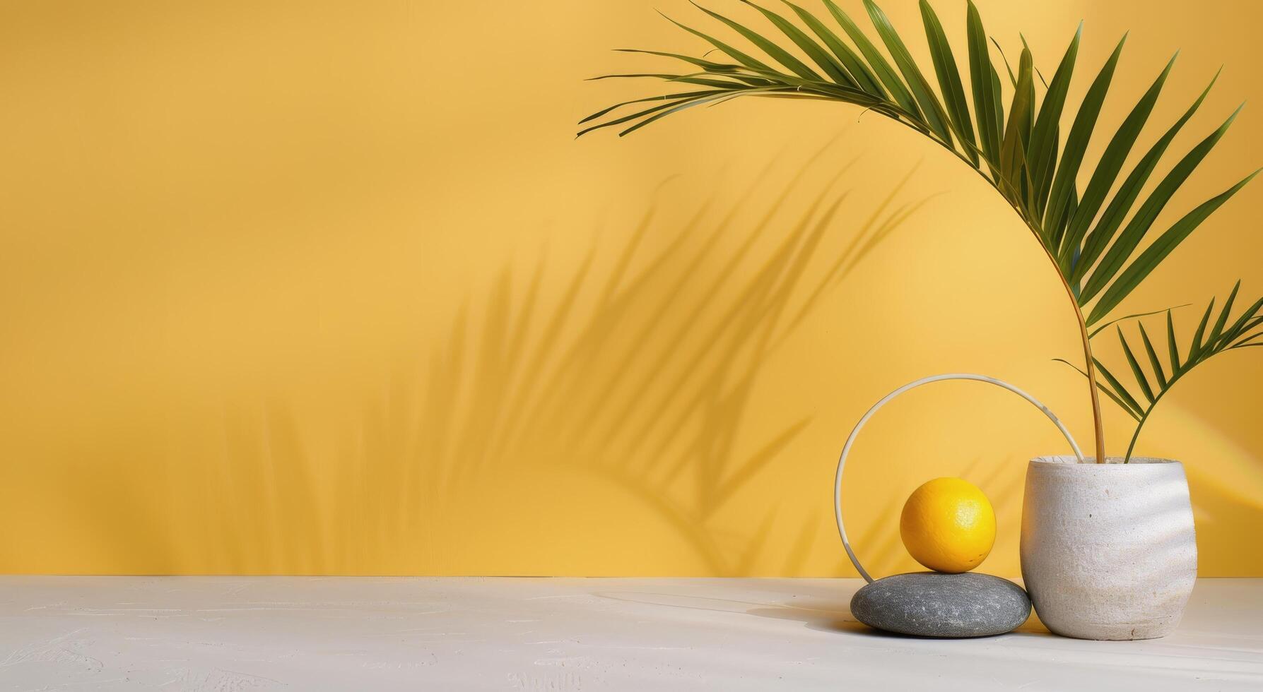 Palm Tree and Lemon on White Table photo