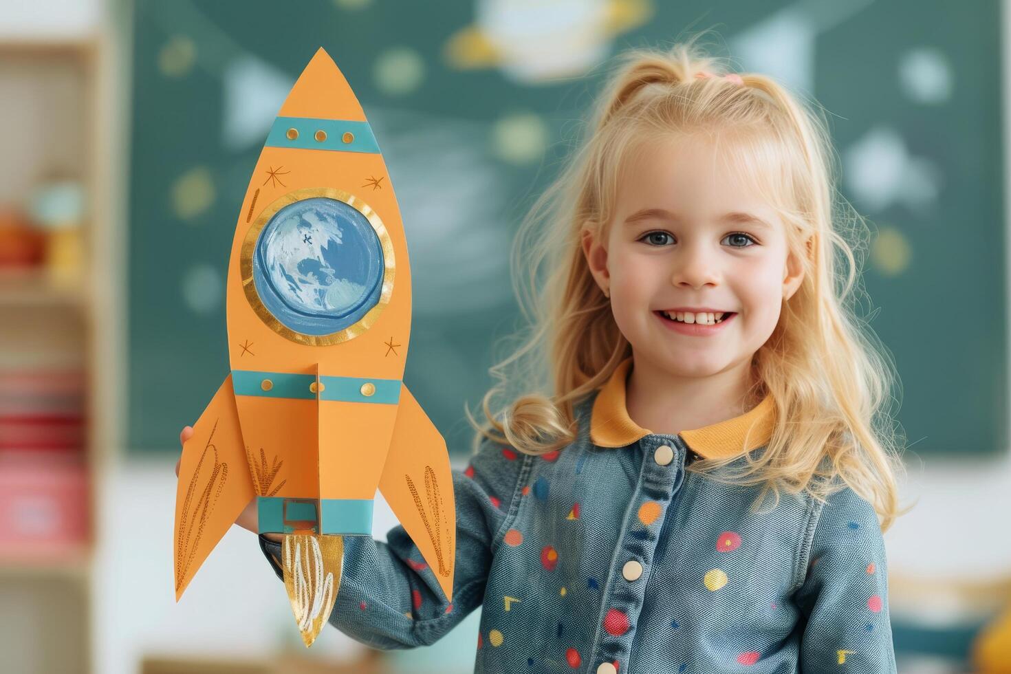 Smiling Girl Holding Rocket Toy in Classroom photo