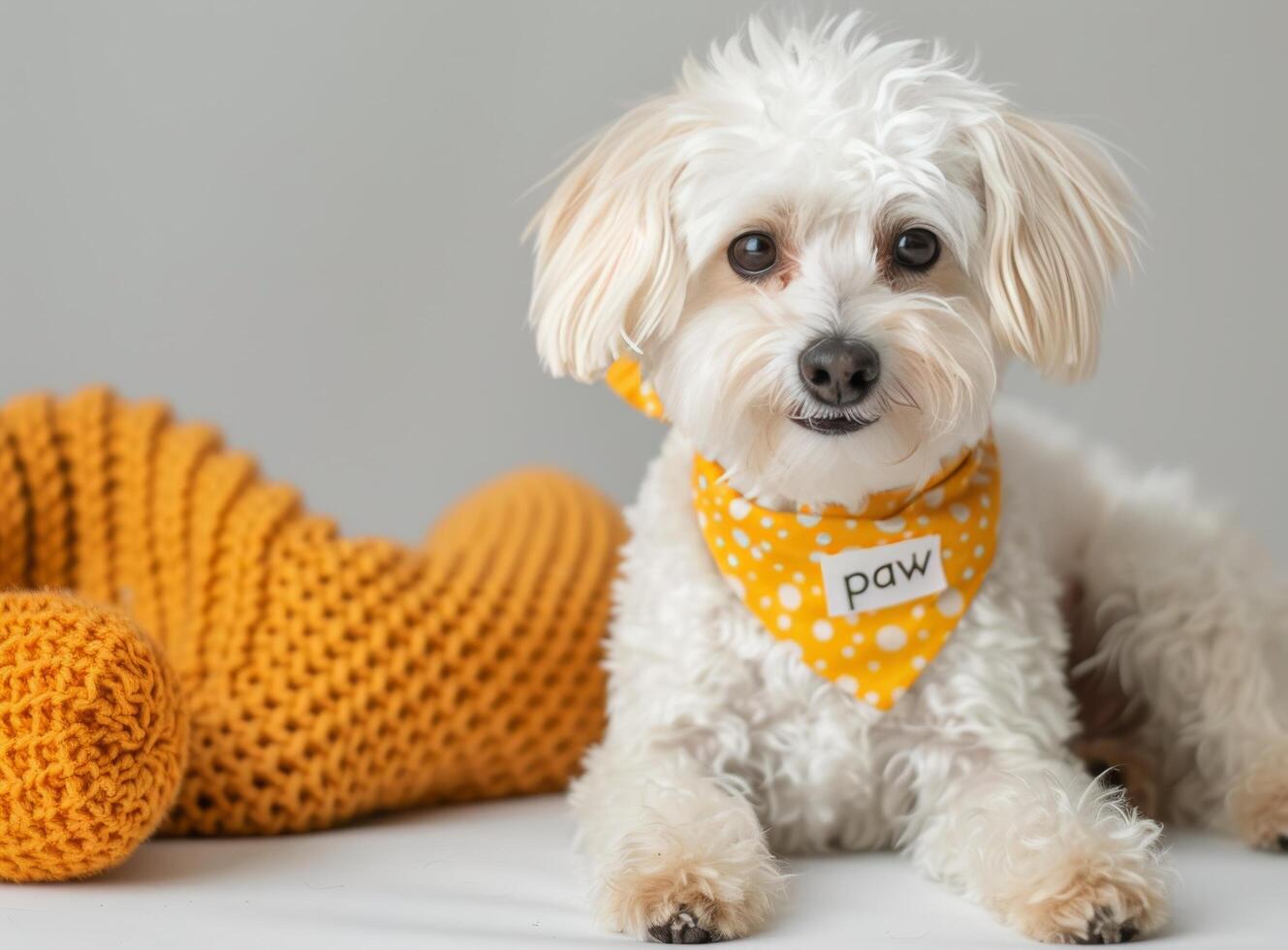White Dog Wearing Yellow Bandana photo