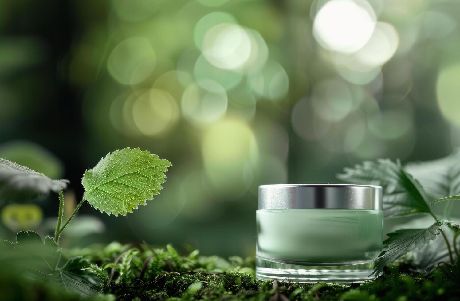 Cream Jar On Moss In Forest photo