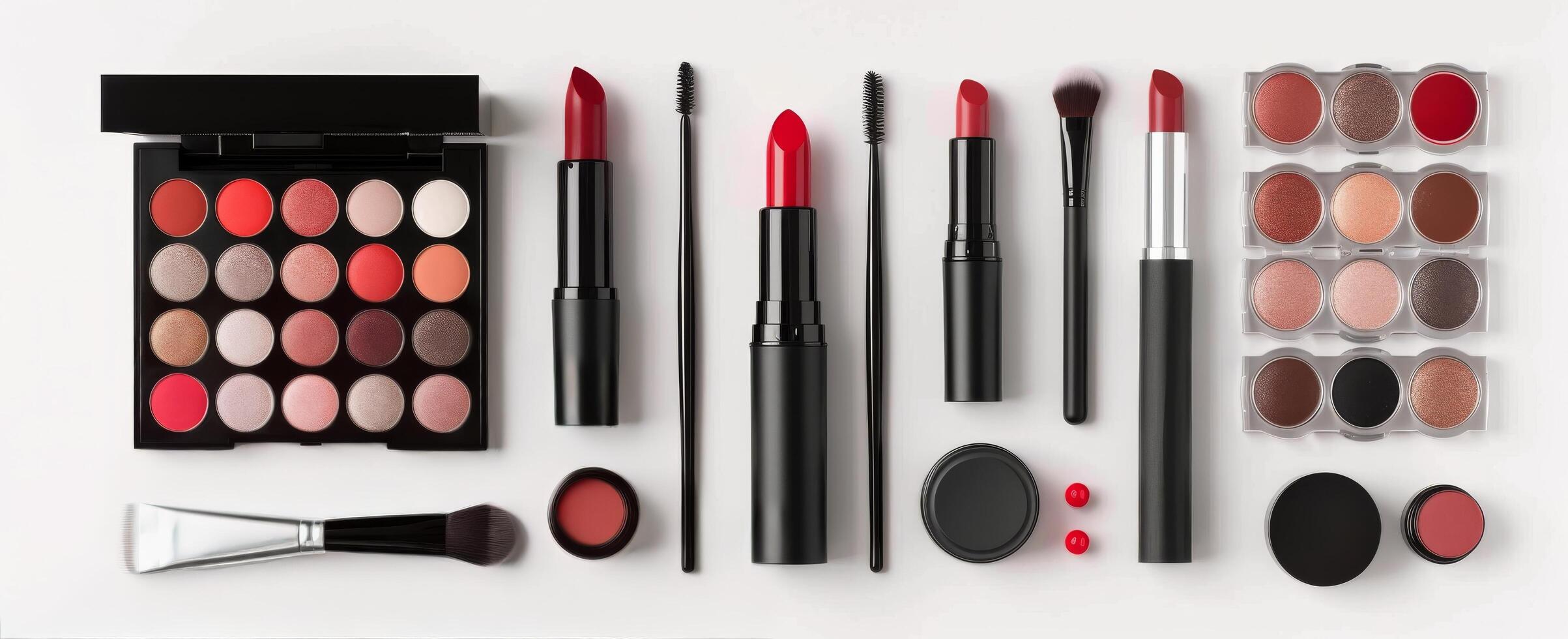 Makeup Products Arranged on White Background photo