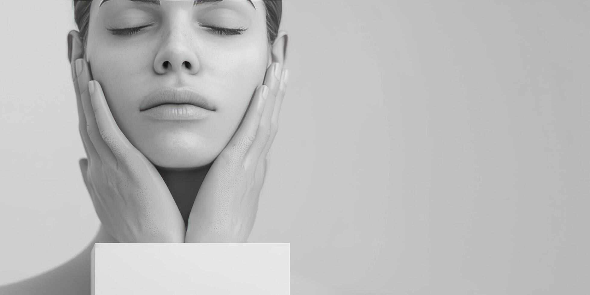 Woman With Eyes Closed, Holding Face, Studio Portrait photo