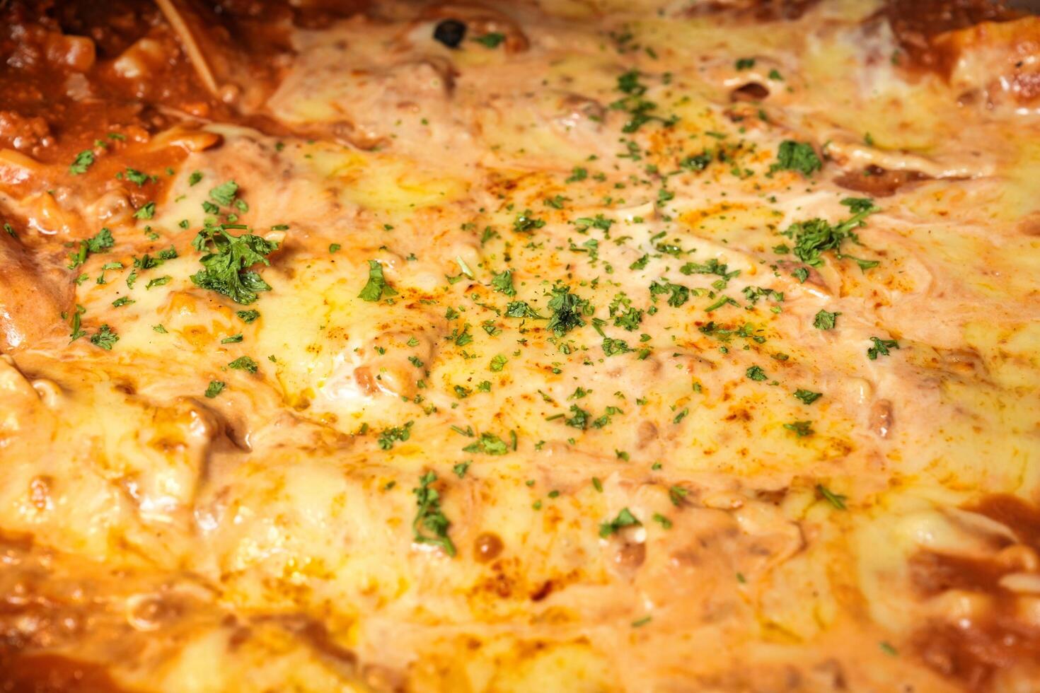 a casserole dish with cheese and sauce on top photo