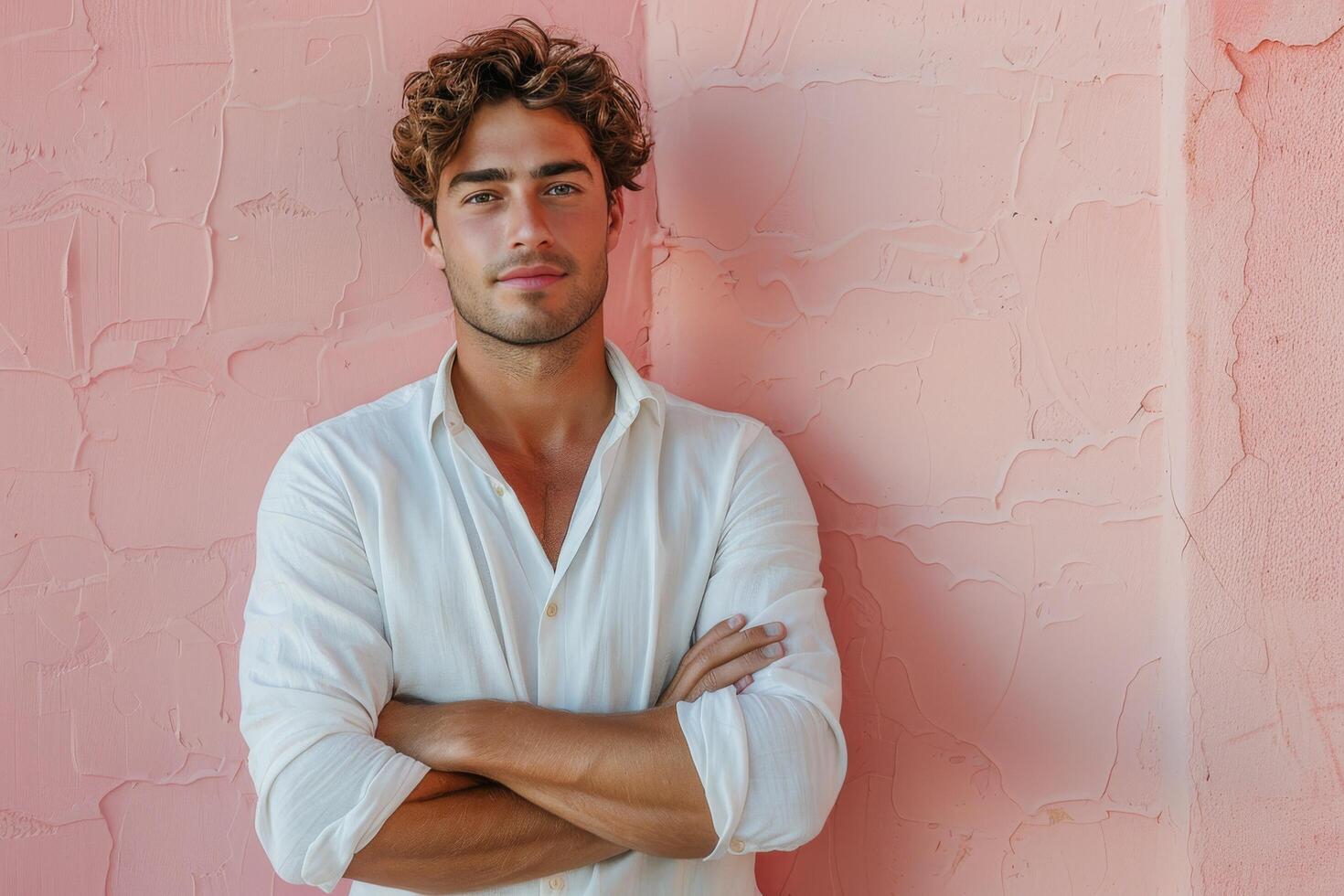 Man Standing With Arms Crossed in Front of Pink Wall photo