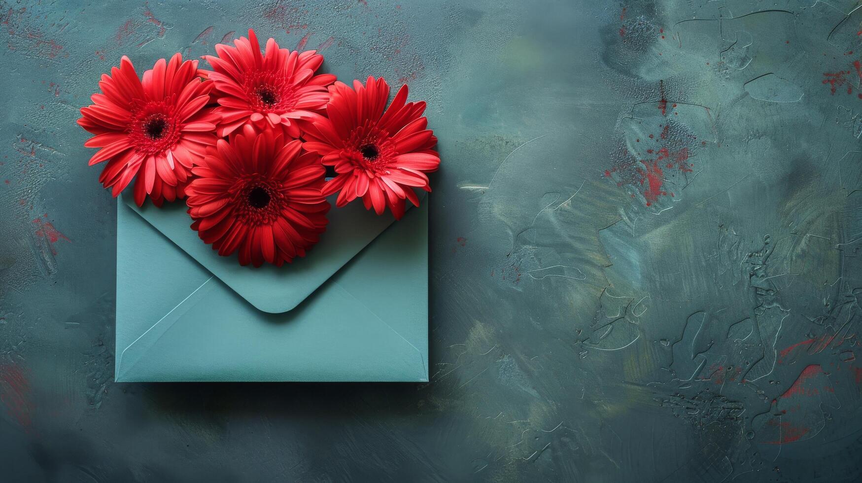 Red Flowers on Blue Wall photo
