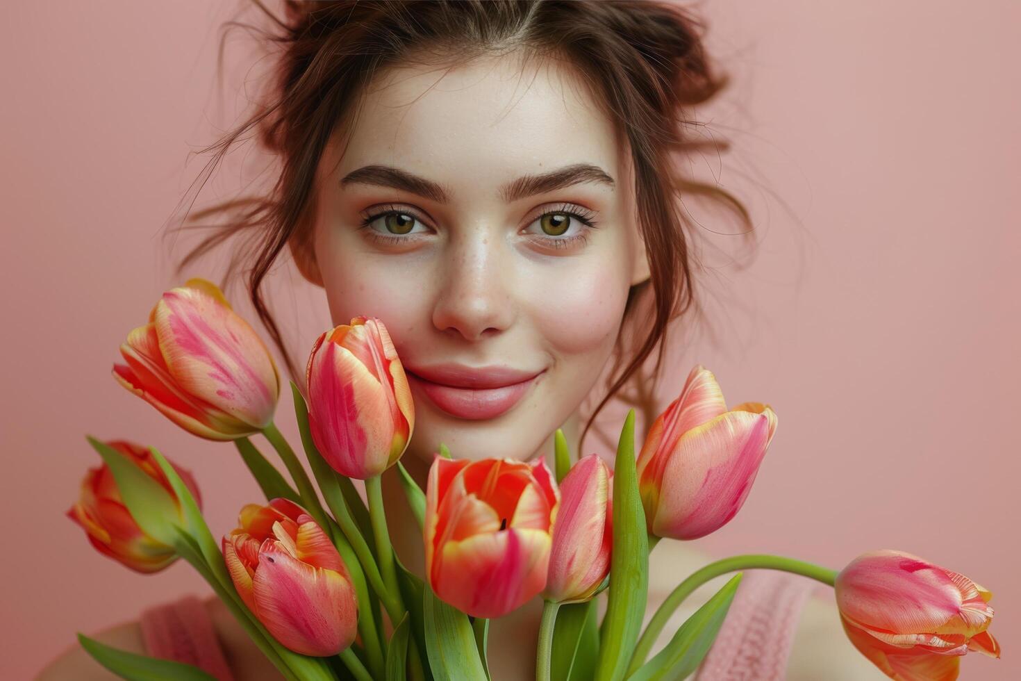Beautiful Young Woman Holding Bouquet of Pink Tulips photo