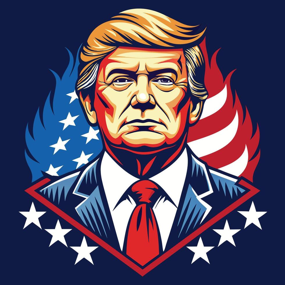 Iconic Illustration of Donald Trump with American Flag Background vector