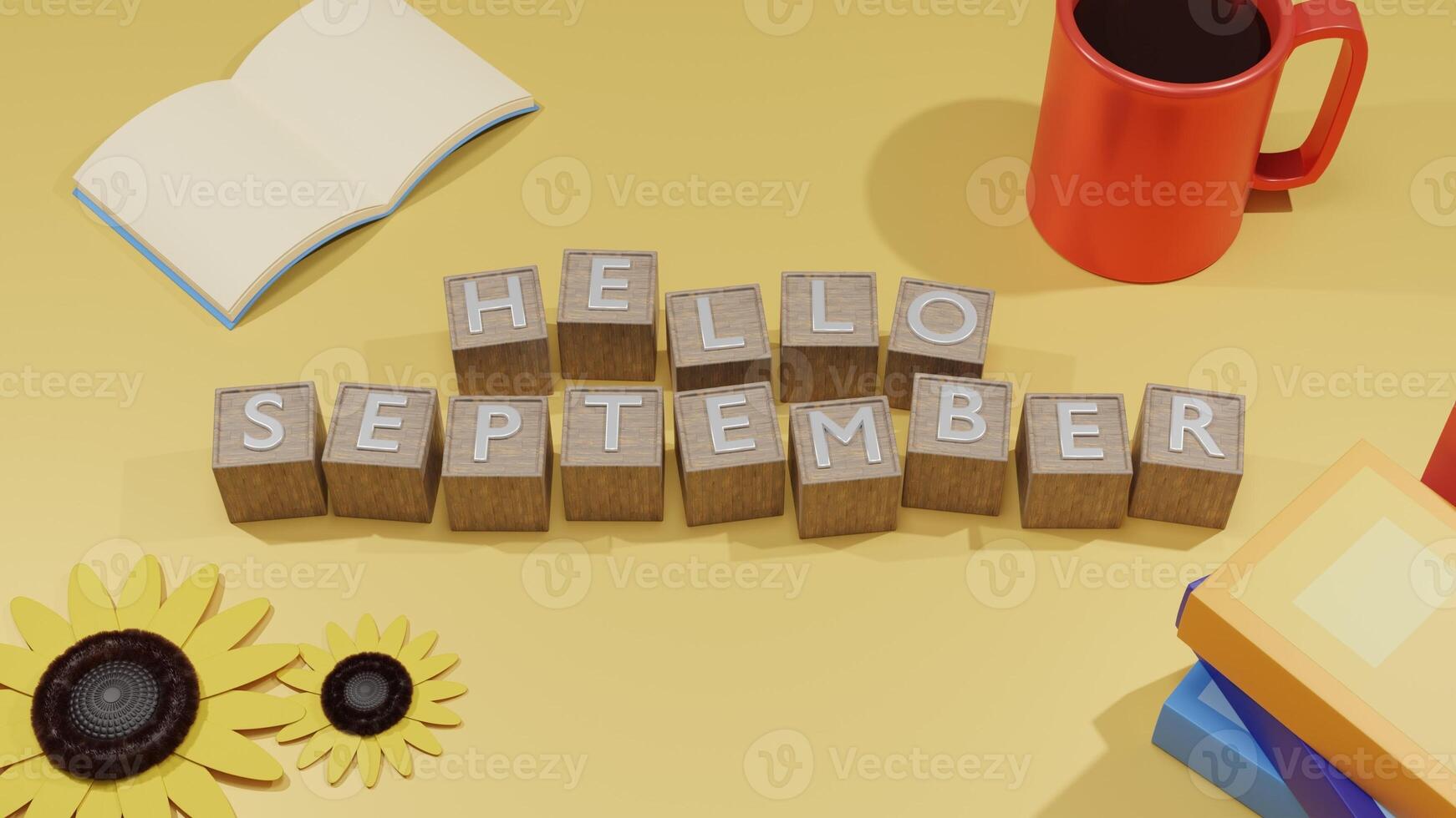 3D Render Hello September Greeting Illustration with coffee, sunflowers, and books on yellow background photo