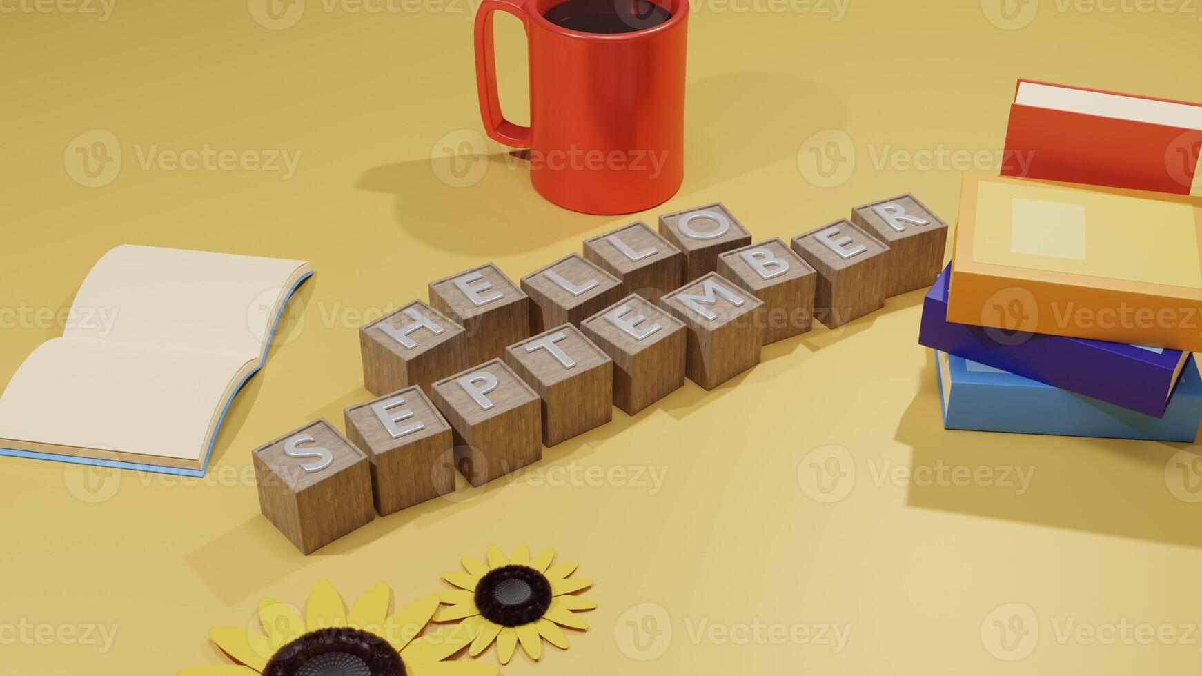 3D Render Hello September Greeting Illustration with coffee, sunflowers, and books on yellow background photo
