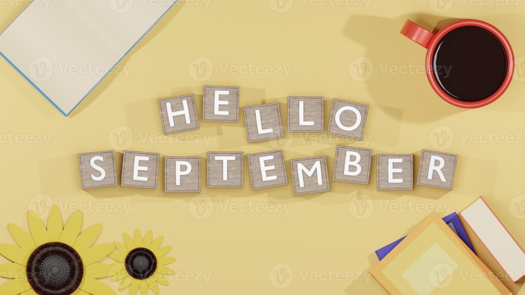 3D Render Hello September Greeting Illustration with coffee, sunflowers, and books on yellow background photo