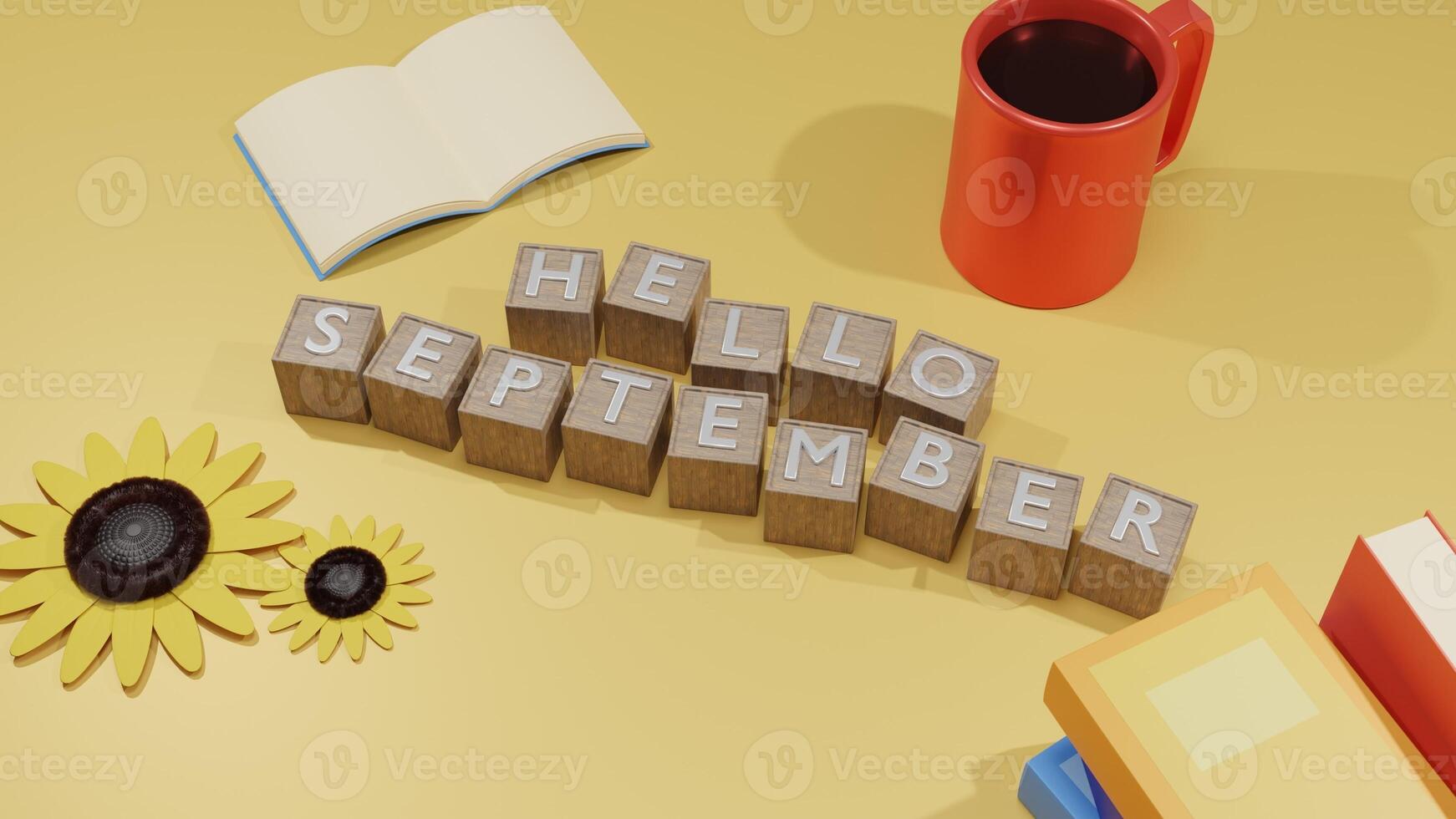3D Render Hello September Greeting Illustration with coffee, sunflowers, and books on yellow background photo