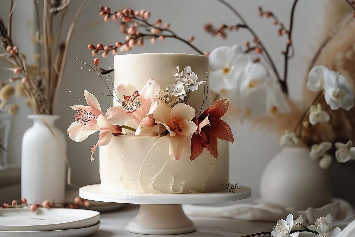 Close Up of a Cake Adorned With Flowers photo