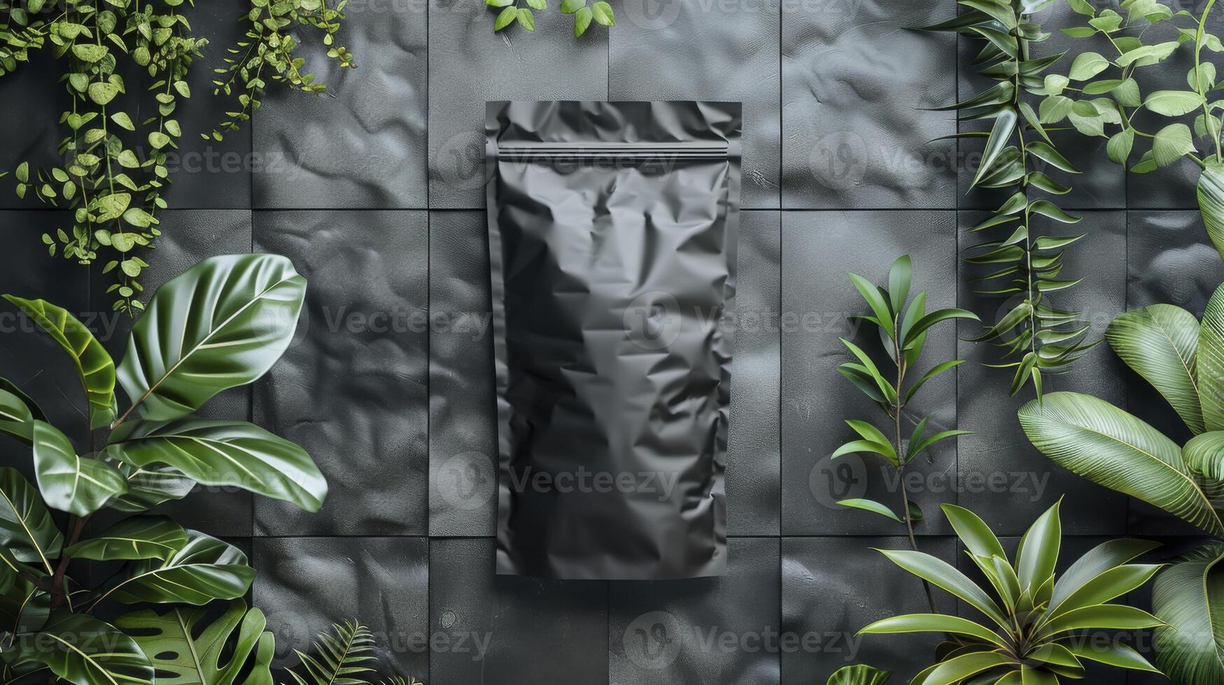 Coffee bag mockup on black background with plants photo