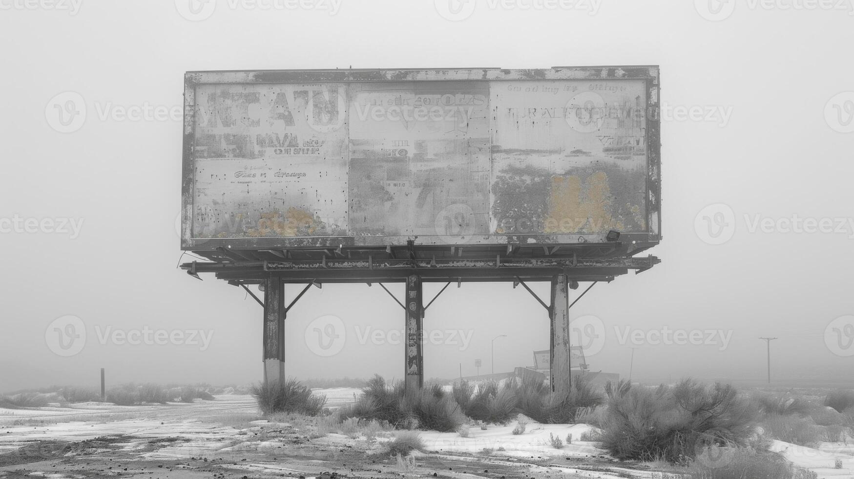 Abandoned billboard mockup in the middle of a foggy winter day photo
