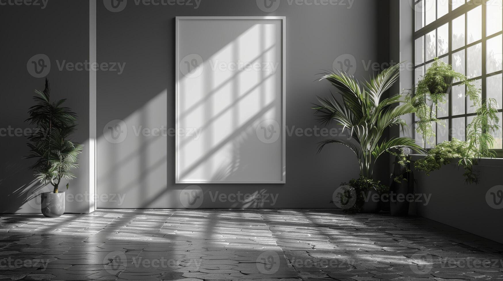 Interior of modern empty room with white poster, concrete floor, green plants photo